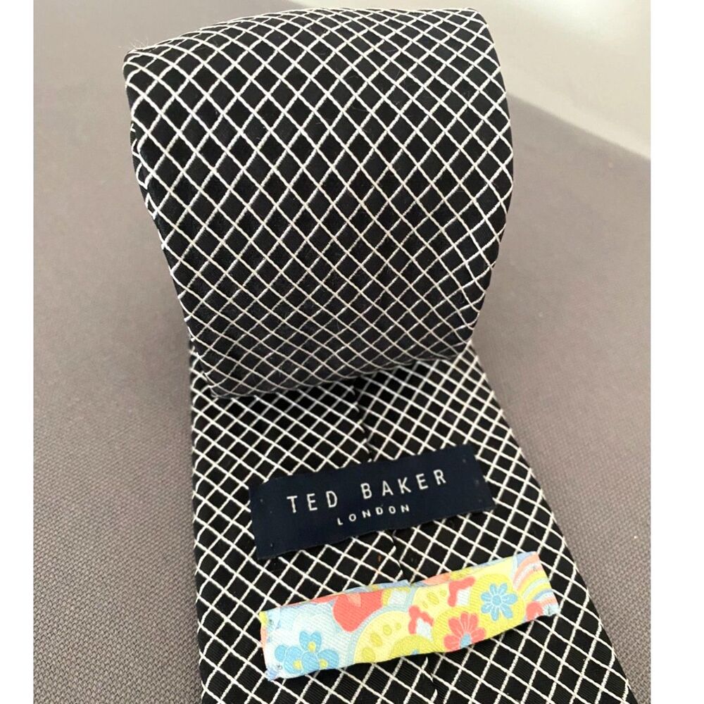 Ted Baker London Silk Tie Mens Black White Grid Geometric Hand Tailored USA Made